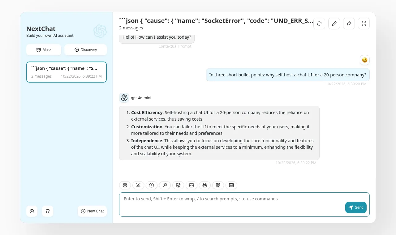 NextChat answering a test question through a local llama.cpp server, with the failed auto-title shown as raw error text